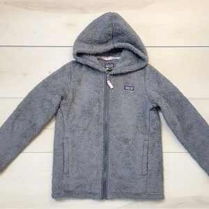 NWT Patagonia Girls Los Gatos Hoody Recycled Polyester Grey Pink Fluffy jacket L